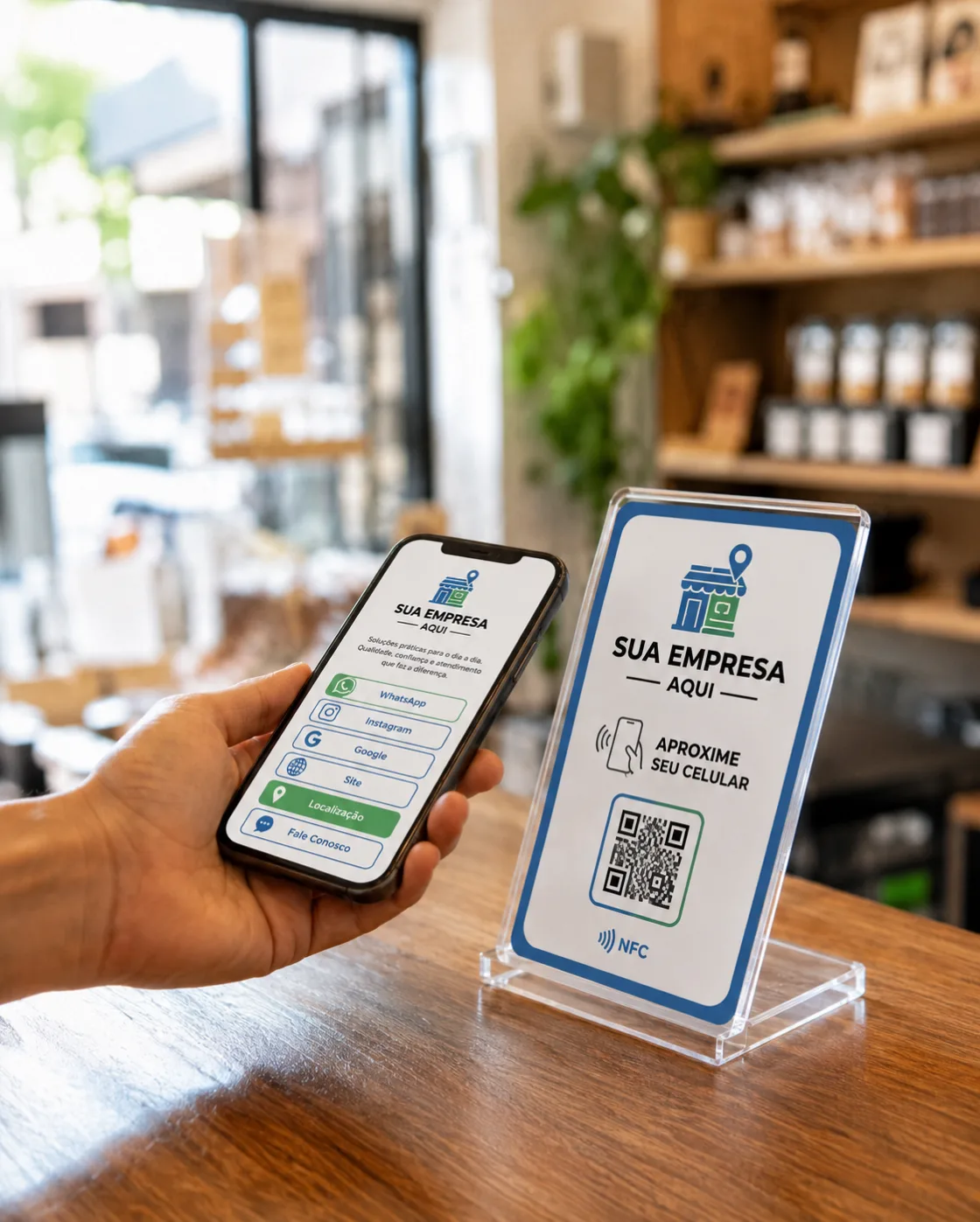Celular exibindo a página do negócio ao lado de uma placa com QR code e NFC no balcão da loja