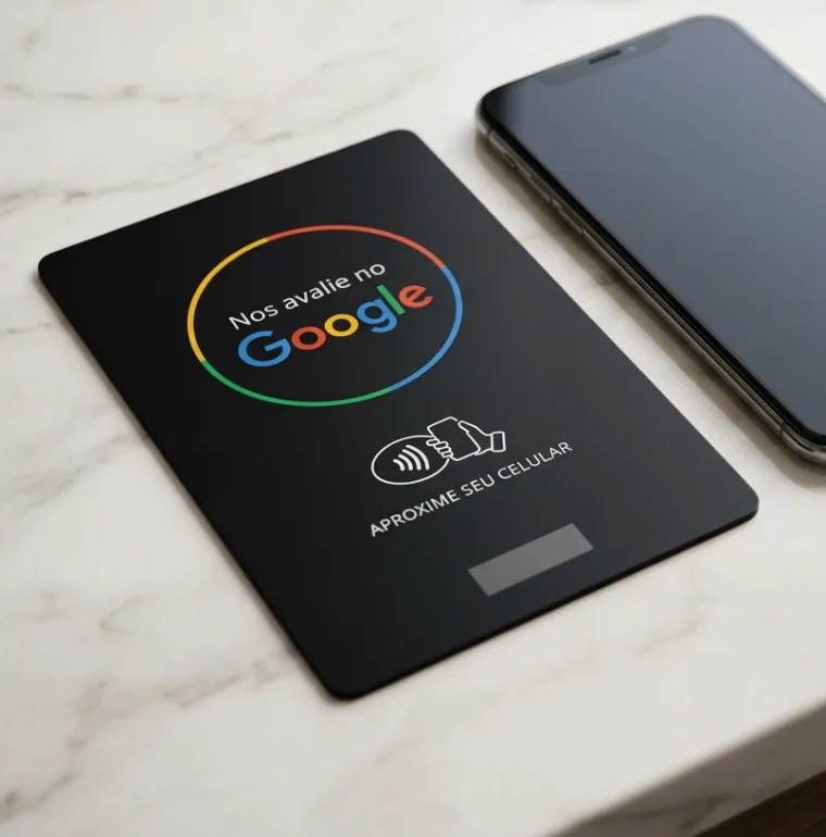 Cartão NFC preto com a marca do Google ao lado de um celular sobre bancada de mármore