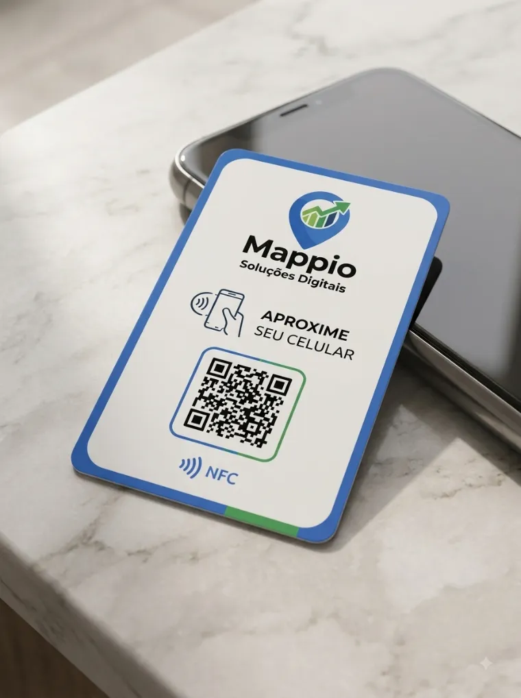 Cartão NFC personalizado com a marca do negócio apoiado em um celular sobre bancada de mármore
