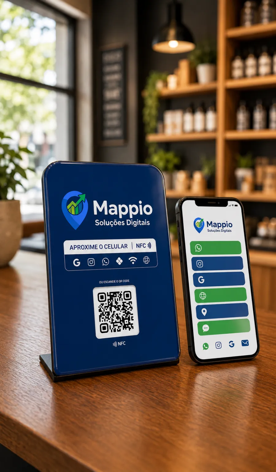 Placa resinada personalizada com QR code e NFC ao lado de um celular exibindo o biosite do negócio