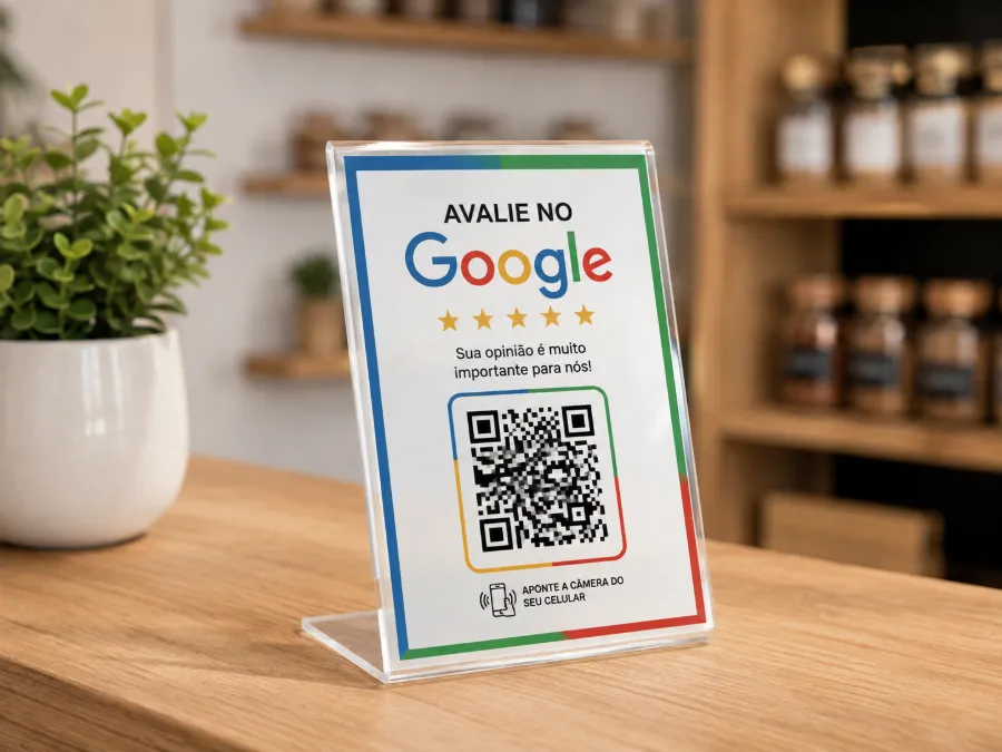 Placa de acrílico transparente com QR code para avaliação no Google sobre o balcão de uma loja