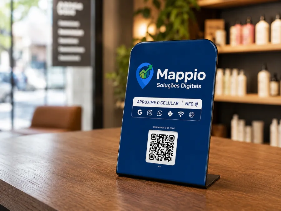 Placa resinada com QR code e NFC personalizada com a marca do negócio